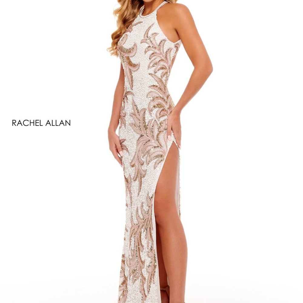Rachel Allan White Sequin High Neck Gown